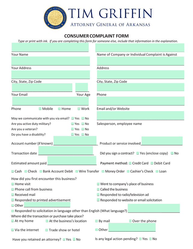 Consumer Complaint Form screenshot