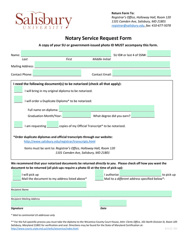 Notary Service Request Form screenshot