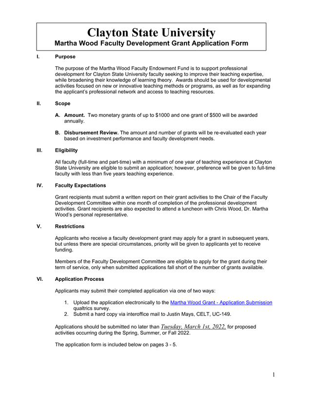 Martha Wood Faculty Development Grant Application Form screenshot