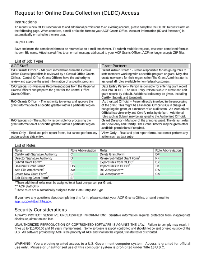 Request For Online Data Collection (OLDC) Access screenshot