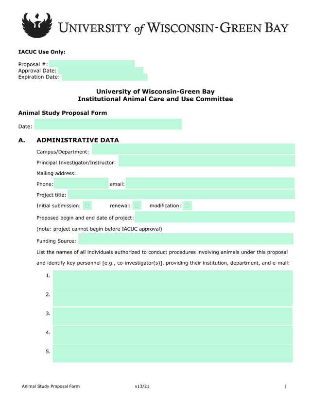 Animal Study Proposal Form screenshot