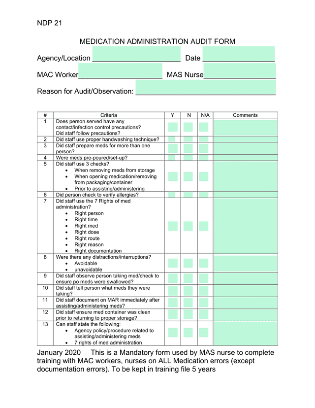 Medication Administration Audit Form screenshot