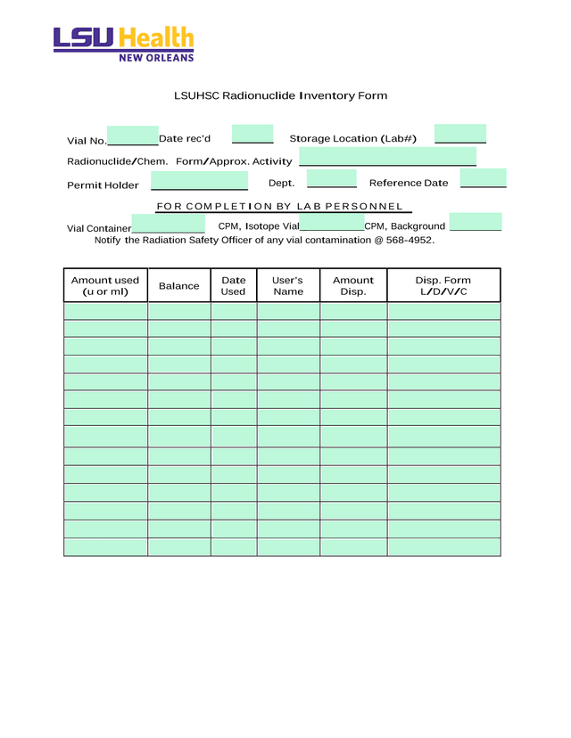 LSUHSC Radionuclide Inventory Form screenshot