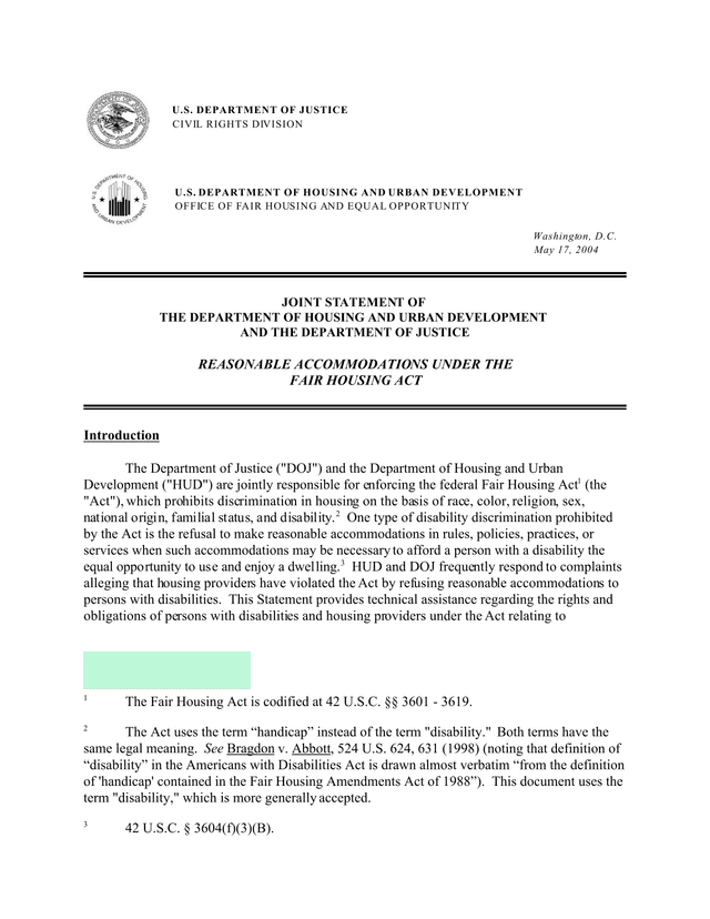 Joint Statement Of Reasonable Accommodations Under The Fair Housing Act screenshot