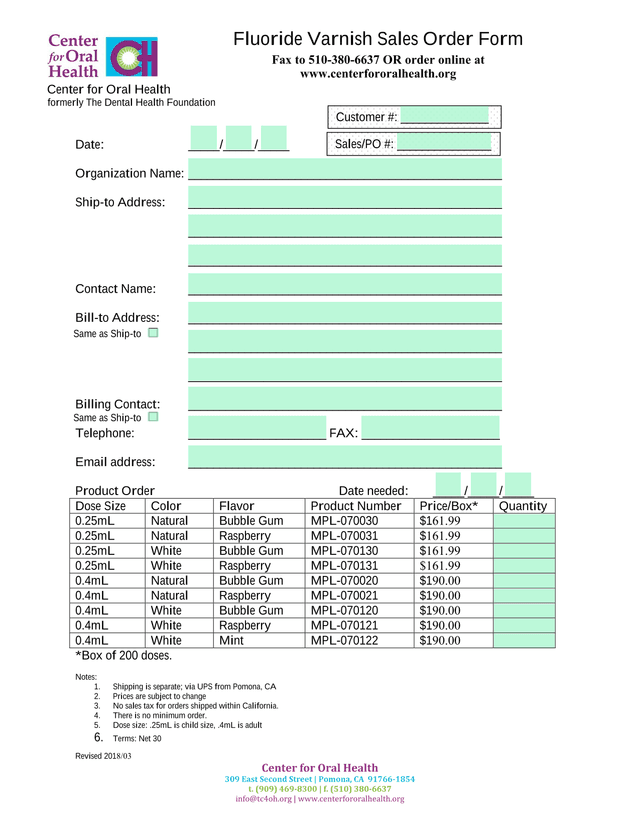 Center For Oral Health Product Order Form screenshot