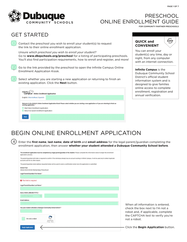 Preschool Online Enrollment Guide screenshot