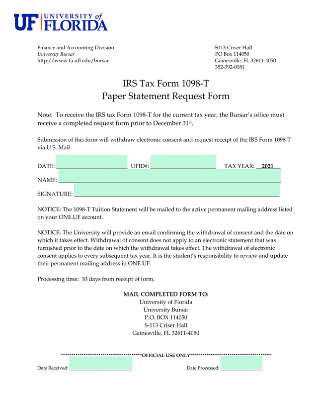 IRS Tax Form 1098 T Paper Statement Request Form screenshot