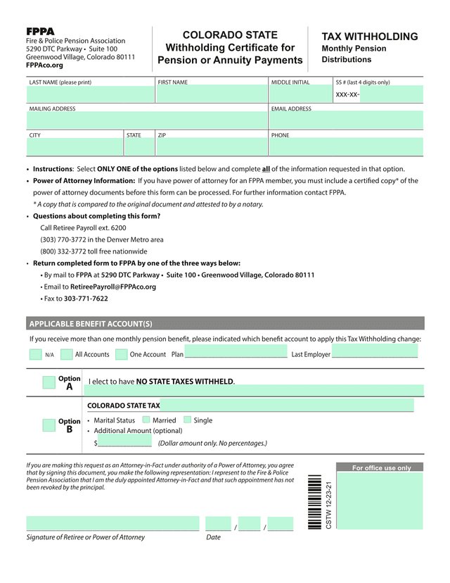 Colorado State Withholding Certificate For Pension Or Annuity Payments screenshot