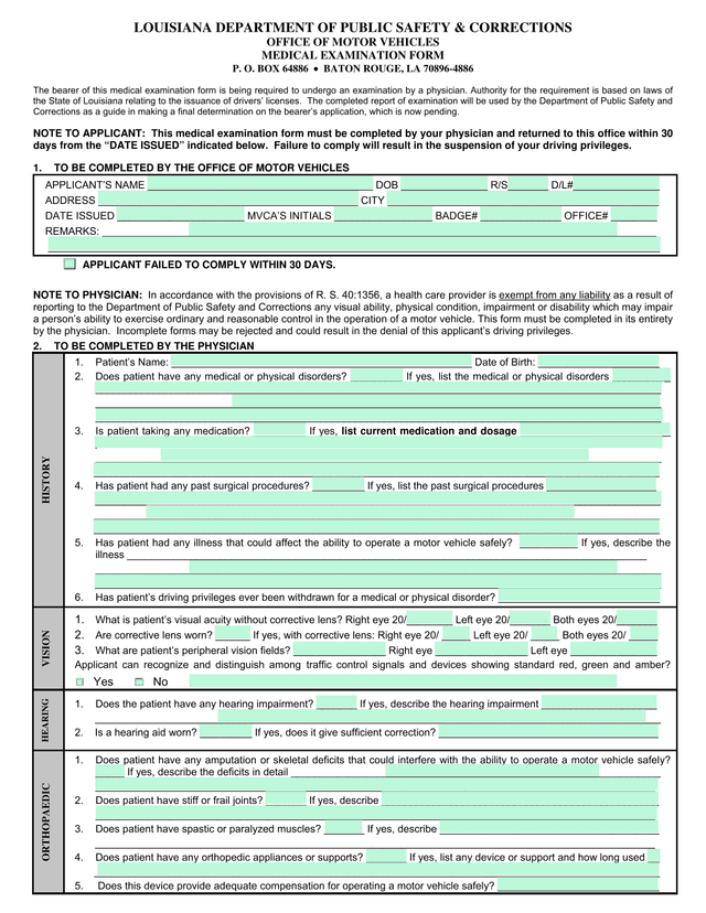 Medical Examination Form screenshot