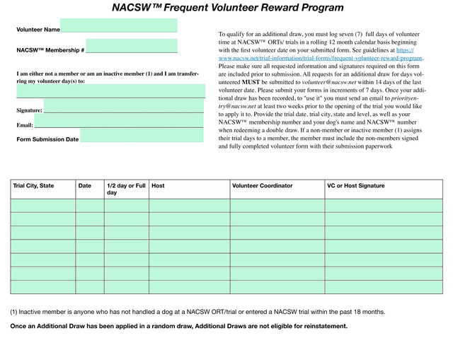 NACSW Frequent Volunteer Reward Program screenshot