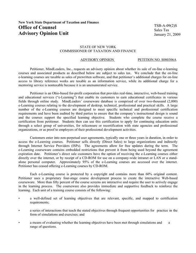 Advisory Opinion On Sales Tax For Online E Learning Courses screenshot