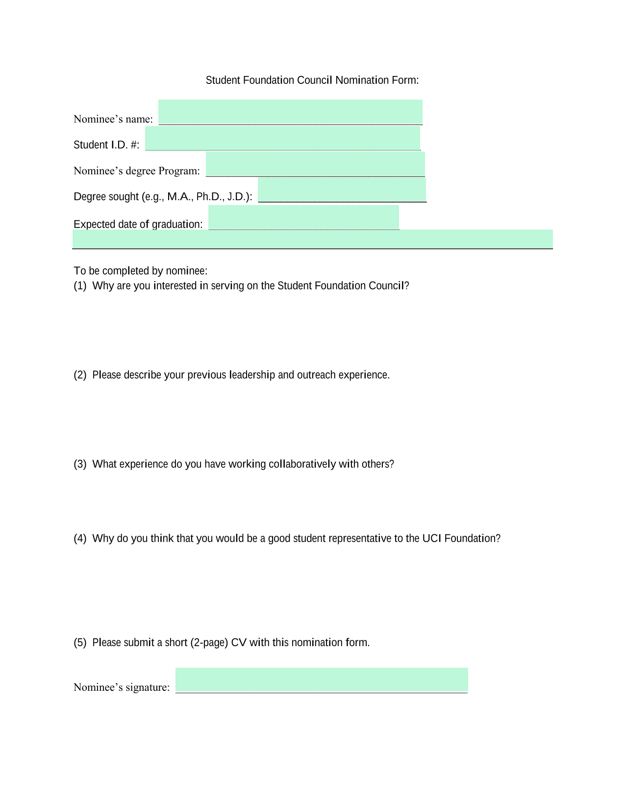 Student Foundation Council Nomination Form screenshot