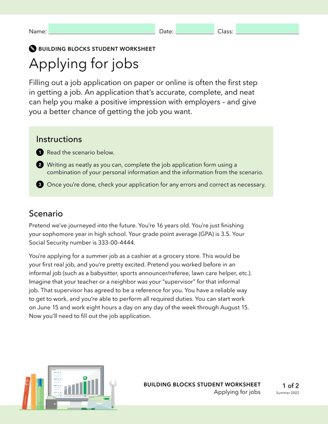 Building Blocks Student Worksheet Applying For Jobs screenshot