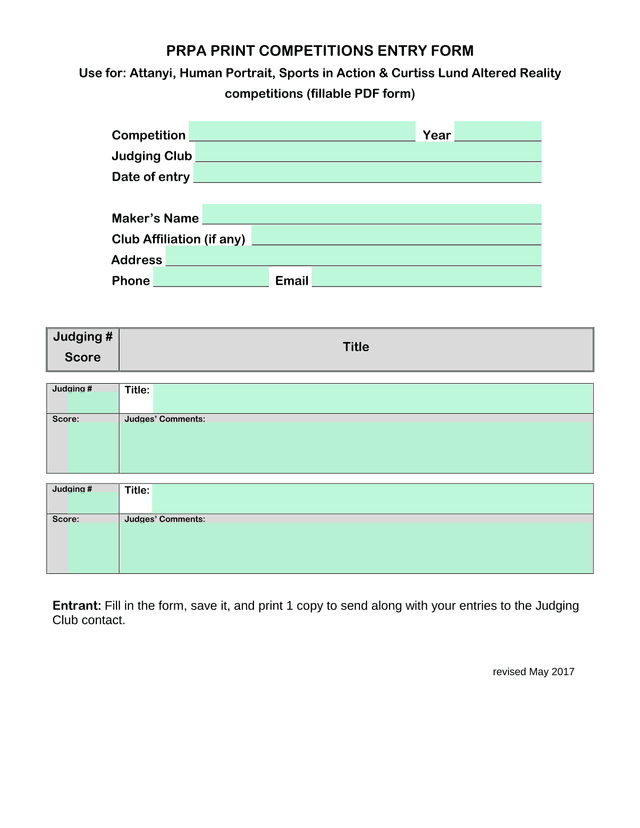 PRPA PRINT COMPETITIONS ENTRY FORM screenshot