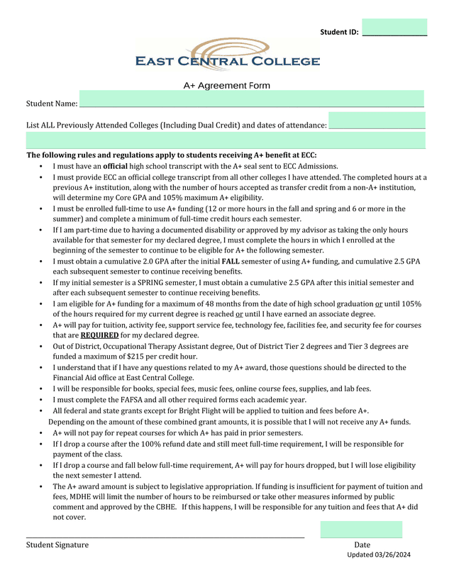A Agreement Form screenshot