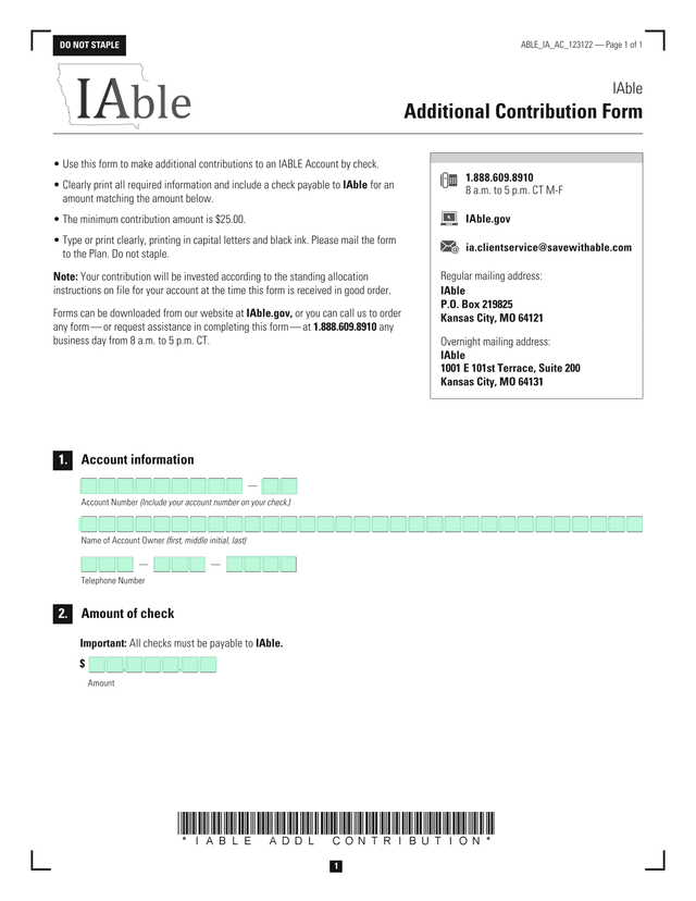 ABLE IA AC 123122 IAble Additional Contribution Form screenshot
