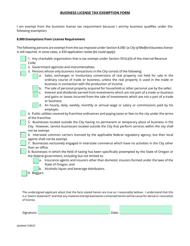 Business License Tax Exemption Form screenshot