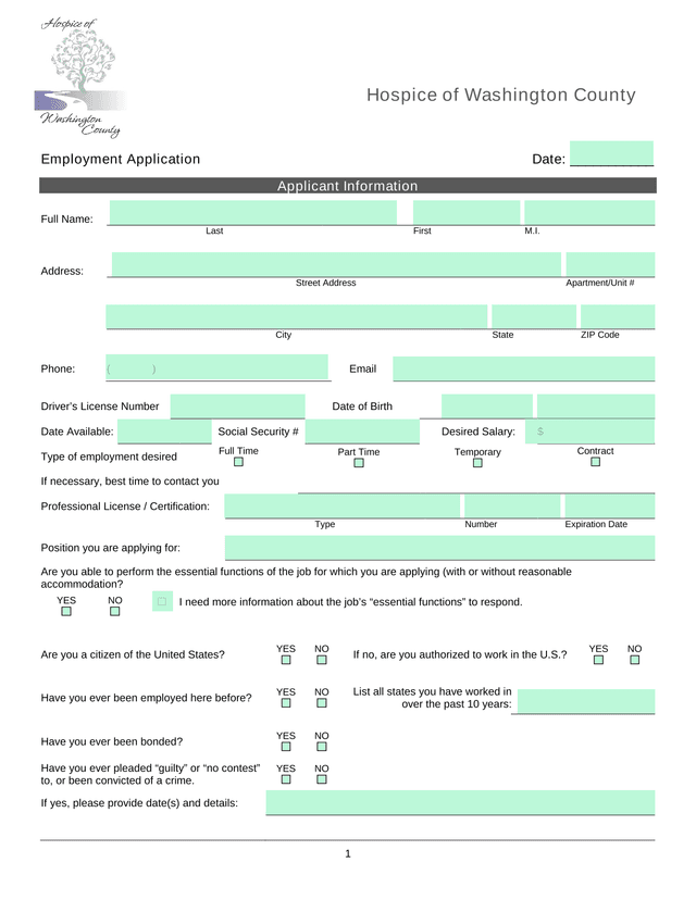 Hospice Of Washington County Employment Application screenshot