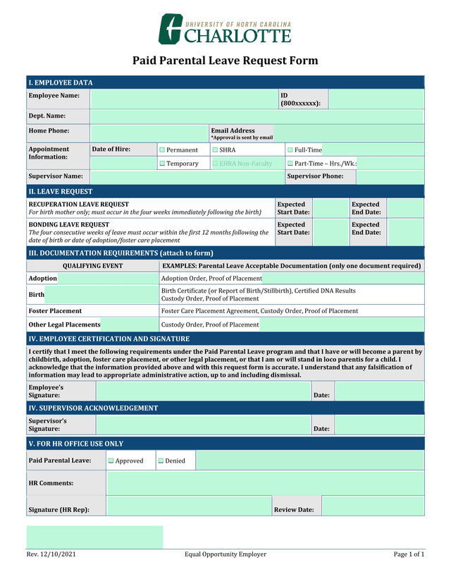 Paid Parental Leave Request Form screenshot