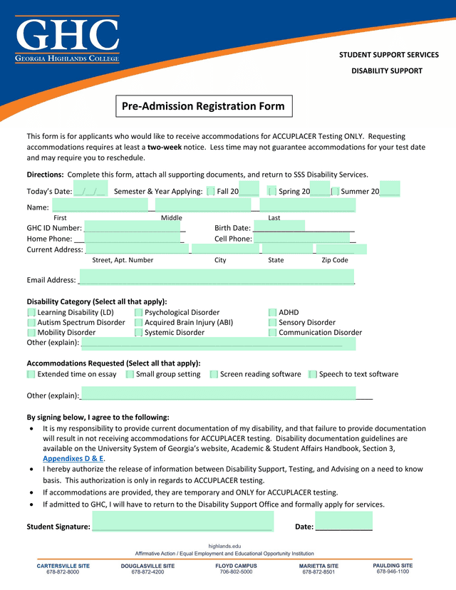 Pre Admission Registration Form screenshot