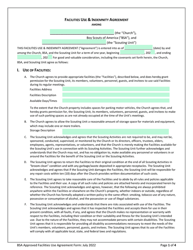 BSA Approved Facilities Use Agreement Form screenshot