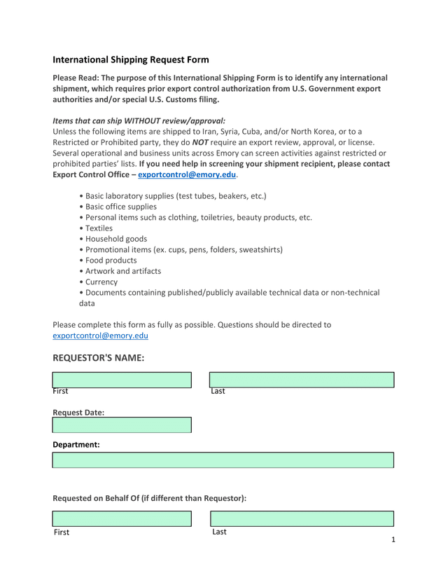 International Shipping Request Form screenshot