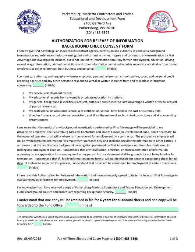Authorization For Release Of Information Background Check Consent Form screenshot
