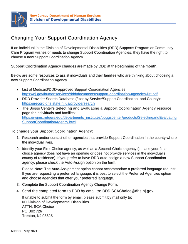 Changing Your Support Coordination Agency screenshot