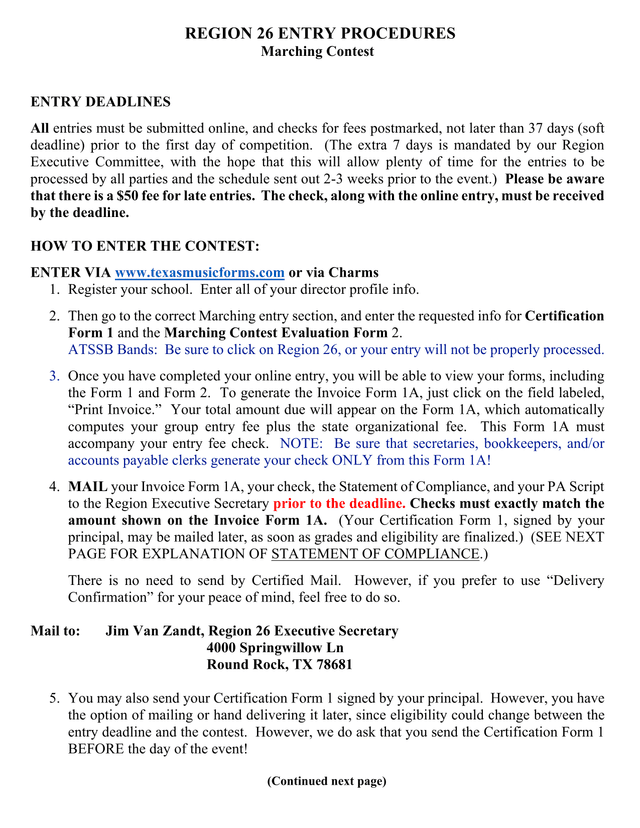 REGION 26 ENTRY PROCEDURES Marching Contest screenshot