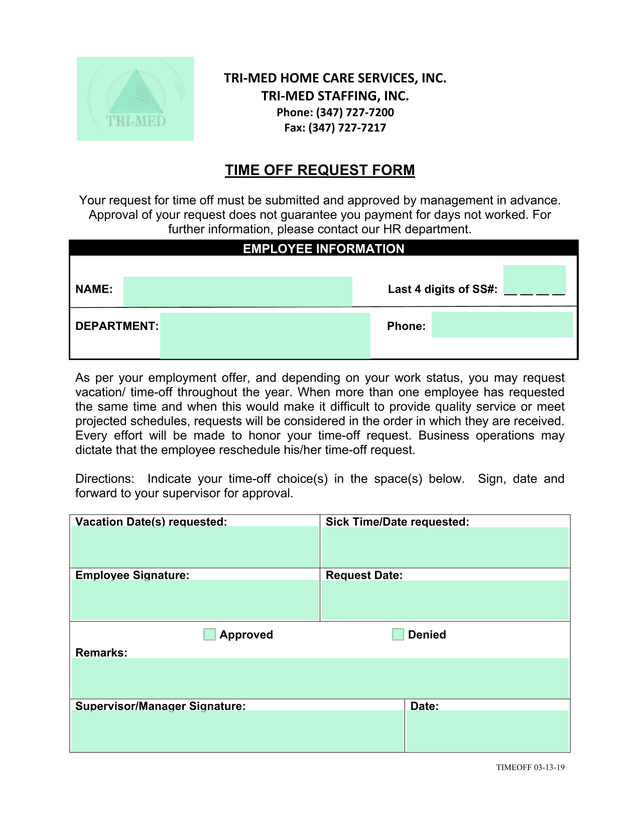TIME OFF REQUEST FORM screenshot