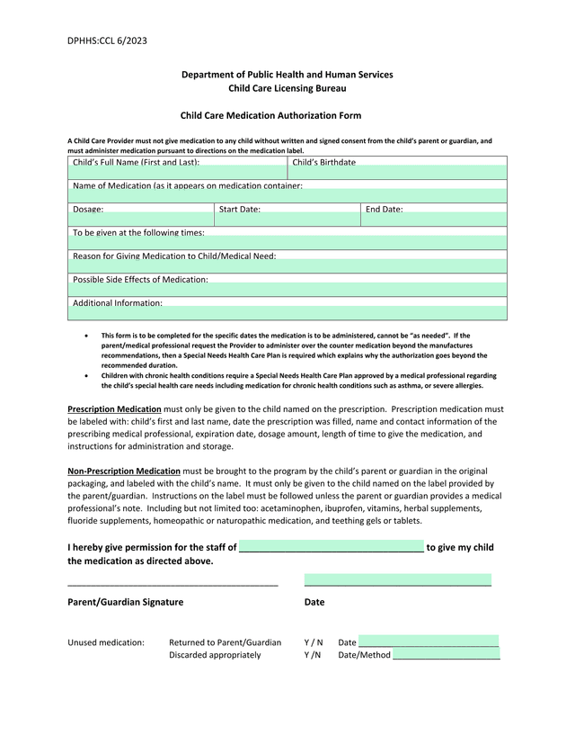 Child Care Medication Authorization Form screenshot