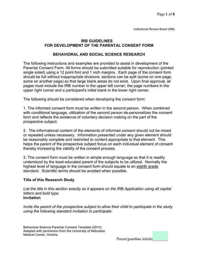 Behavioral Science Parental Consent Template screenshot