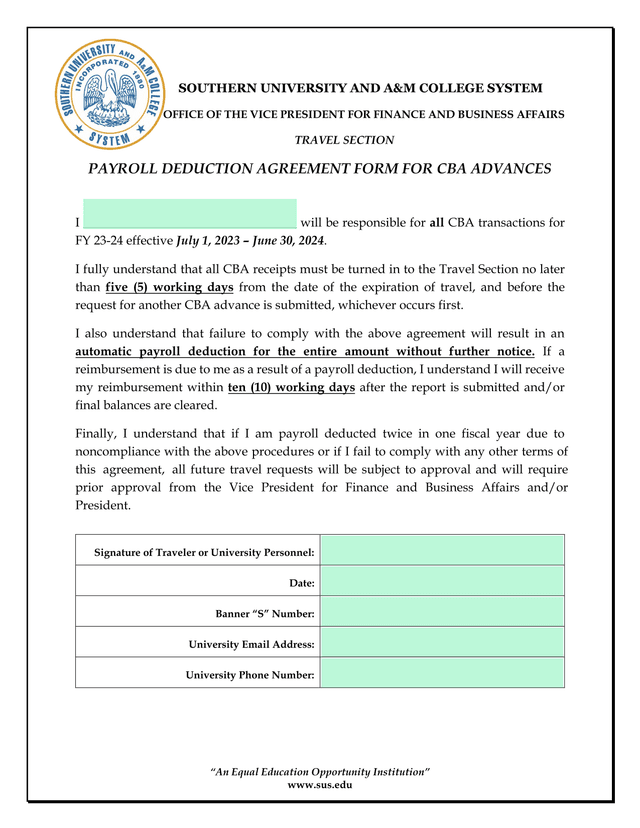 Payroll Deduction Agreement Form For CBA Advances screenshot