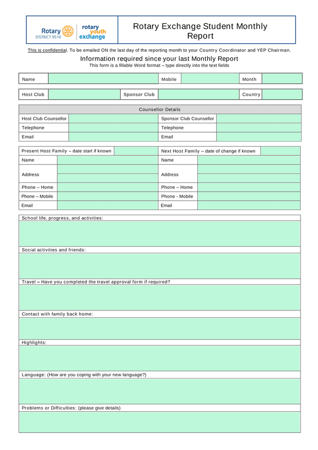 Rotary Exchange Student Monthly Report screenshot
