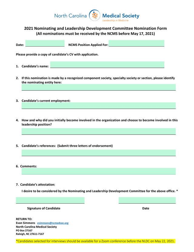 2021 Nominating And Leadership Development Committee Nomination Form screenshot