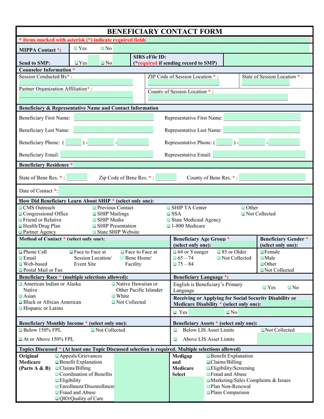 BENEFICIARY CONTACT FORM screenshot