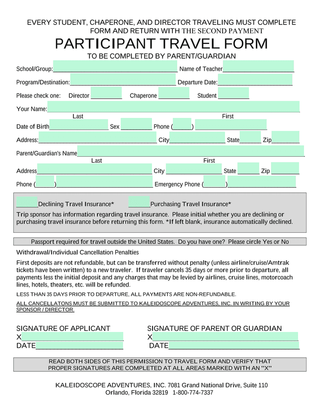 PARTICIPANT TRAVEL FORM screenshot