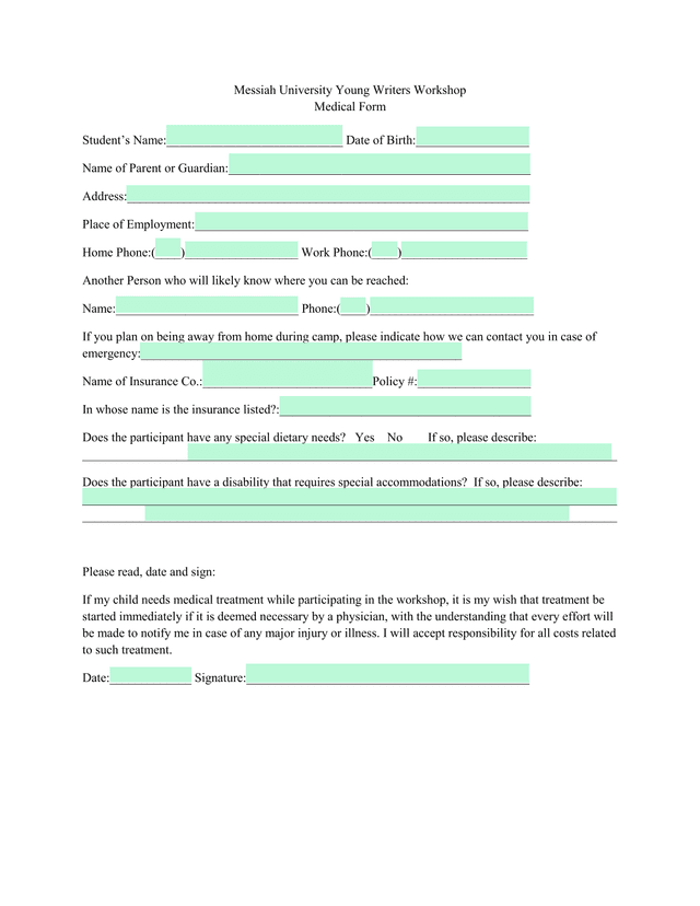 Messiah University Young Writers Workshop Medical Form screenshot