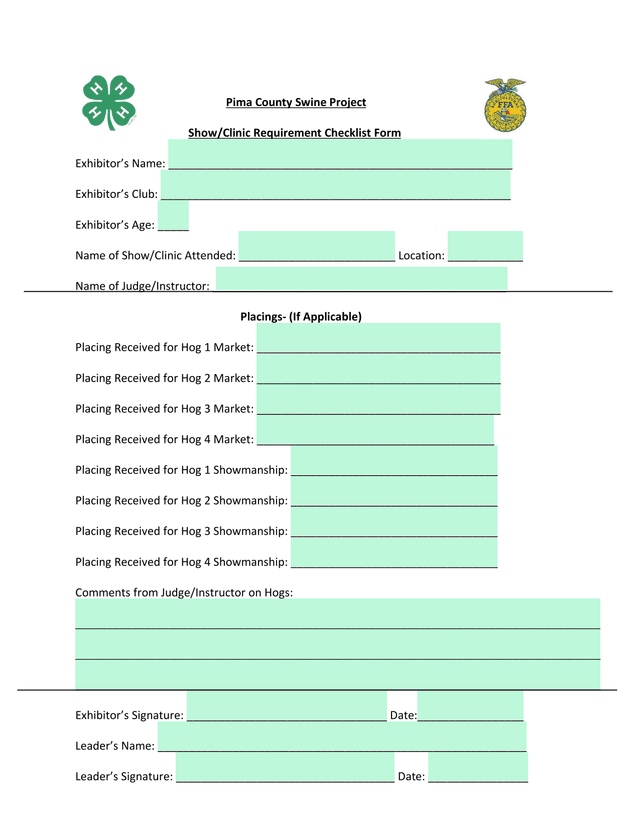 Pima County Swine Project ShowClinic Requirement Checklist Form screenshot