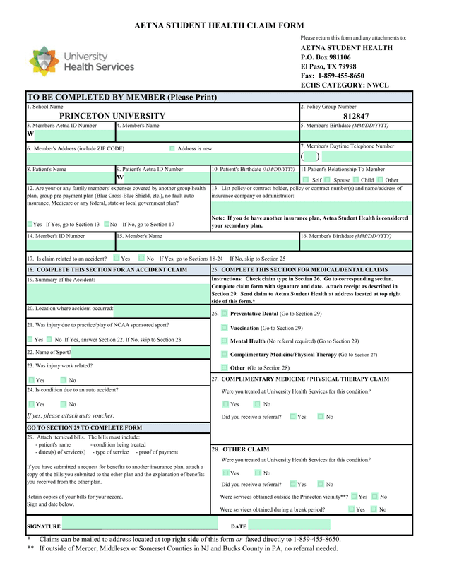 AETNA STUDENT HEALTH CLAIM FORM screenshot