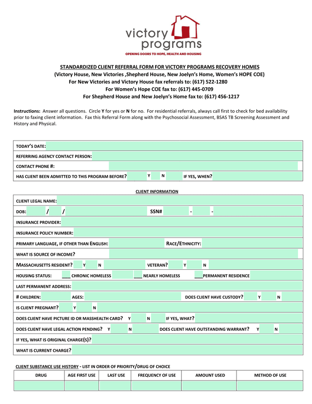 STANDARDIZED CLIENT REFERRAL FORM FOR VICTORY PROGRAMS RECOVERY HOMES screenshot