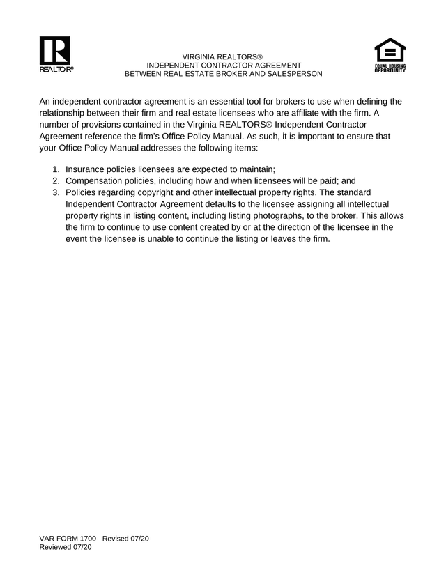 VIRGINIA REALTORS INDEPENDENT CONTRACTOR AGREEMENT BETWEEN REAL ESTATE BROKER AND SALESPERSON screenshot