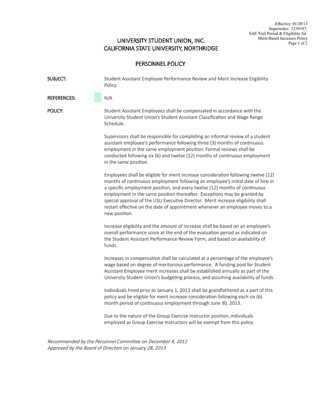 Student Assistant Employee Performance Review And Merit Increase Eligibility Policy screenshot
