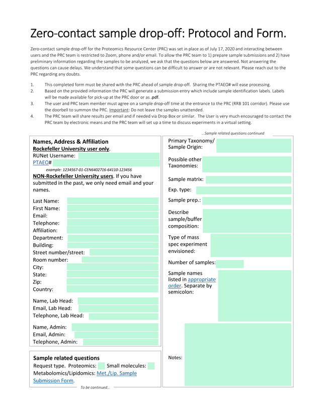 Zero Contact Sample Drop Off Protocol And Form screenshot