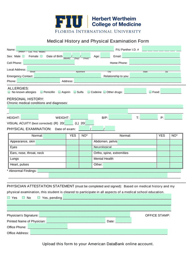 Medical History And Physical Examination Form screenshot