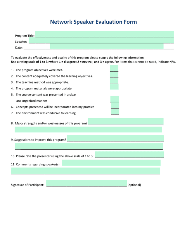 Network Speaker Evaluation Form screenshot