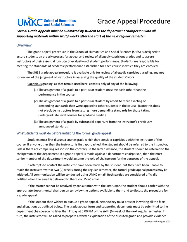 Grade Appeal Procedure screenshot