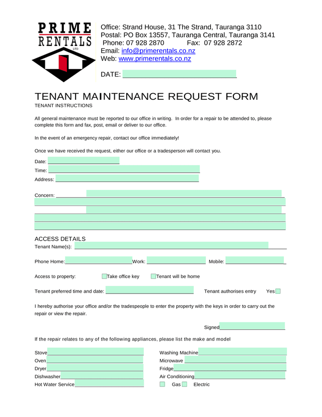 TENANT MAINTENANCE REQUEST FORM screenshot
