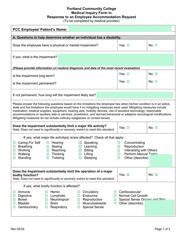 Medical Inquiry Form In Response To An Employee Accommodation Request screenshot