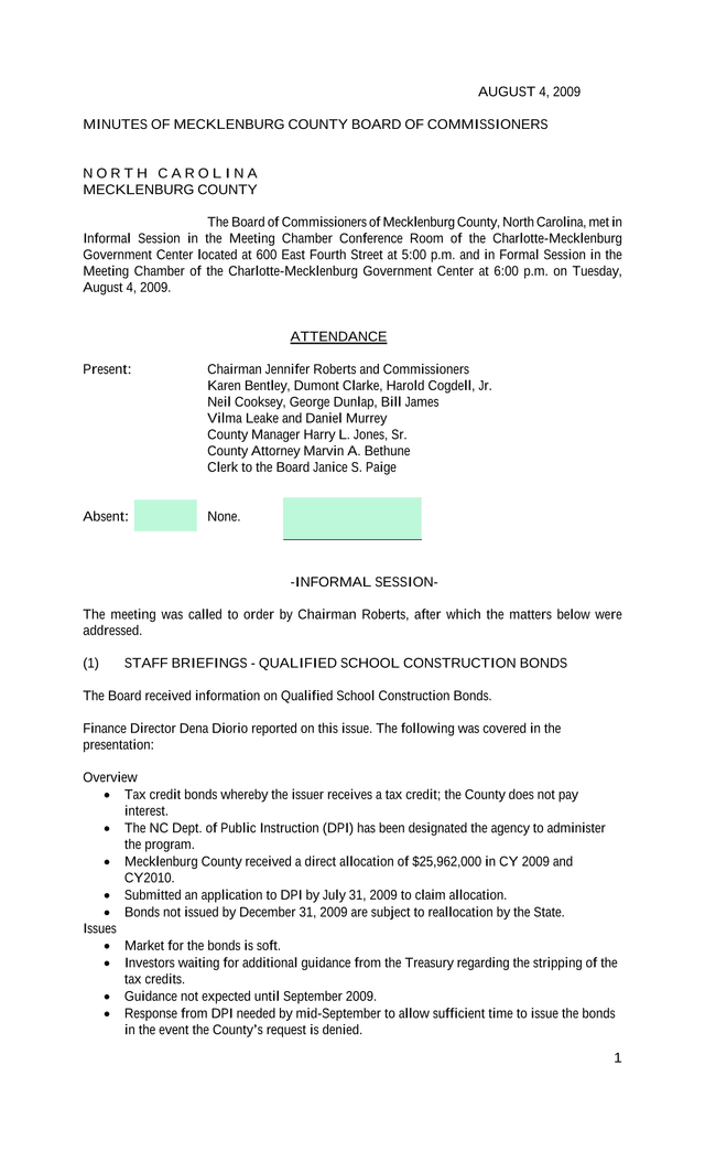 Minutes Of Mecklenburg County Board Of Commissioners screenshot